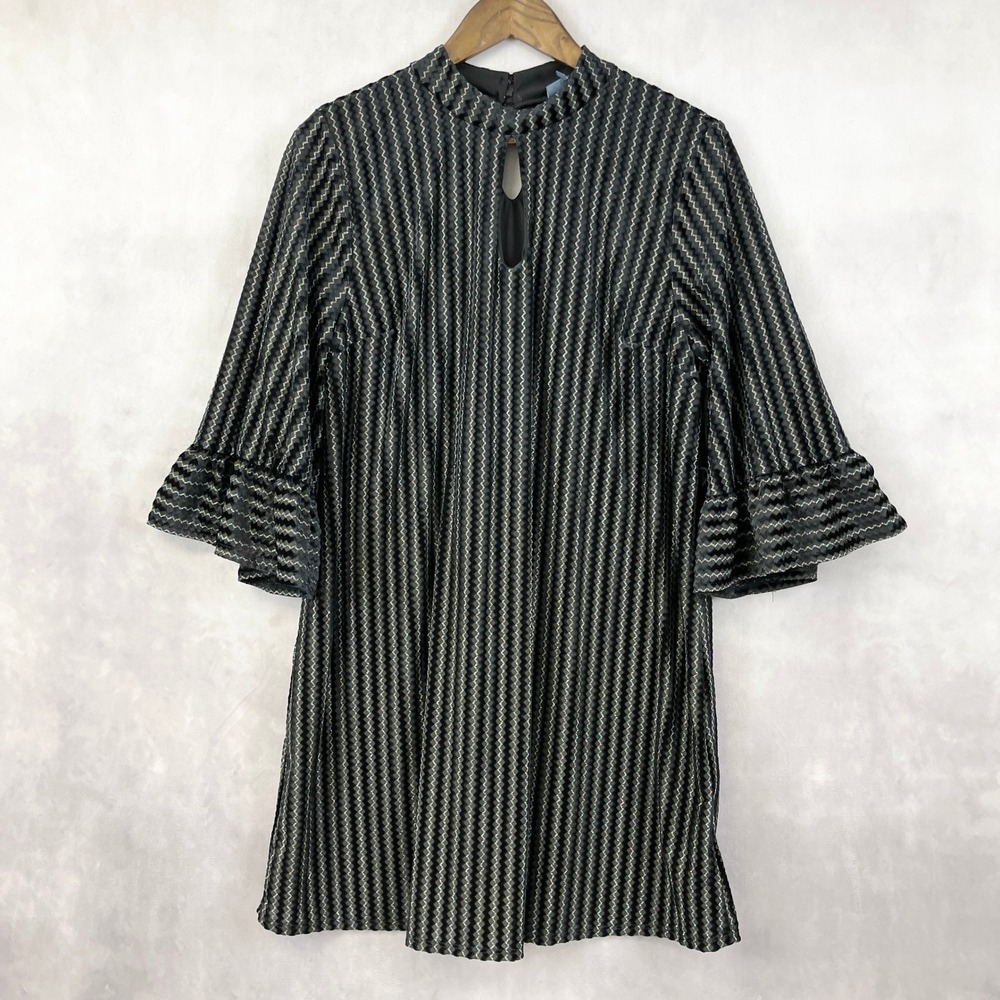 ModCloth Womens Dress L Velvet Metallic Chevron Bell Sleeve Whimsy Mod Party‎